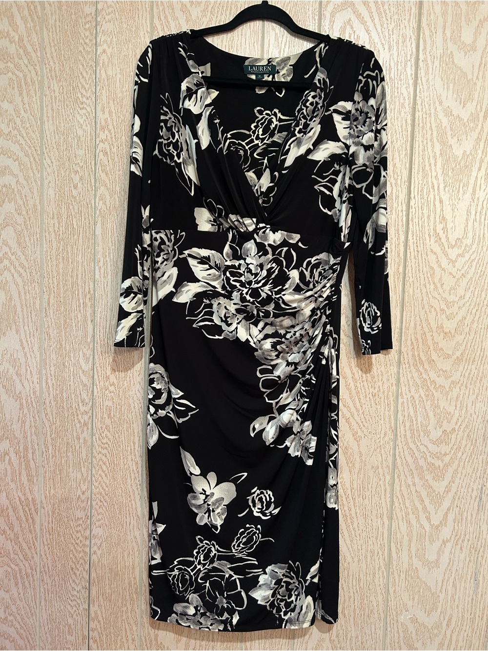Ralph Lauren Black and White Floral Ruched V‑Neck Dress